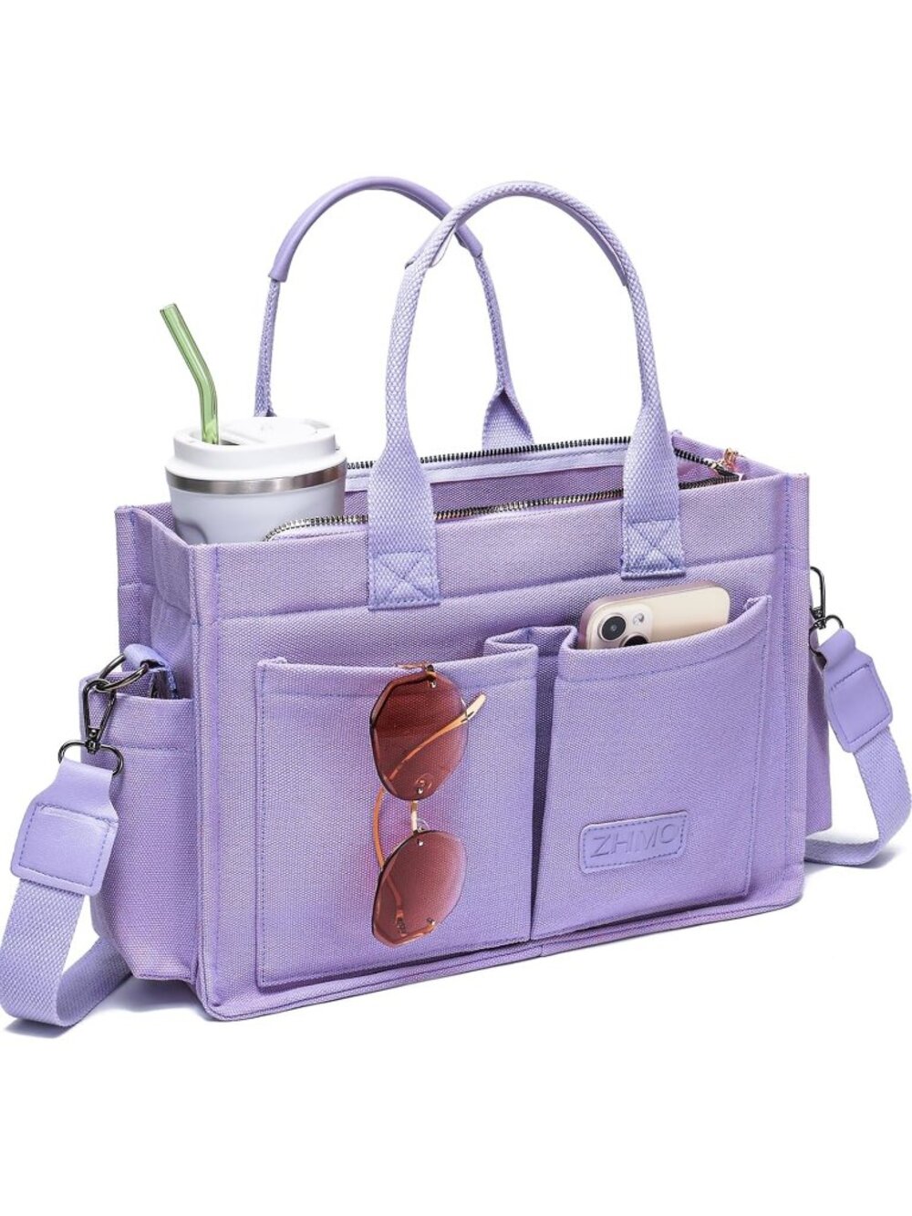 Womens Purple With Compartments Canvas Tote Large Handbags Crossbody Bags